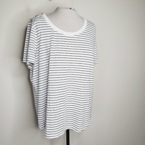 Talbots T-Shirt Linen Striped Lightweight White 1X - Picture 2 of 9